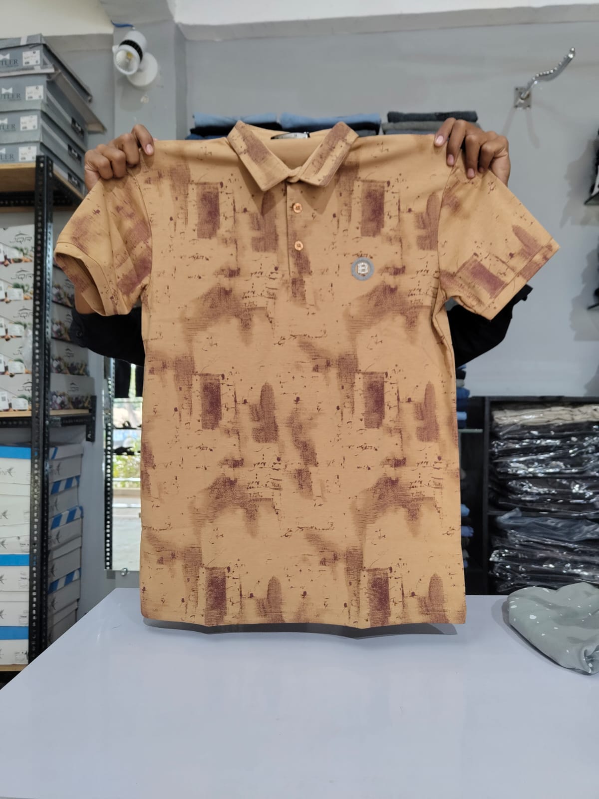 Men’s Printed Polo T-Shirt – Peach Pattern Design